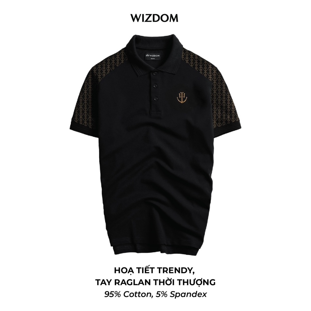 WIZDOM áo polo nam TRIDENT phối tay raglan in hình, vải cá sấu cotton cao cấp, form đẹp