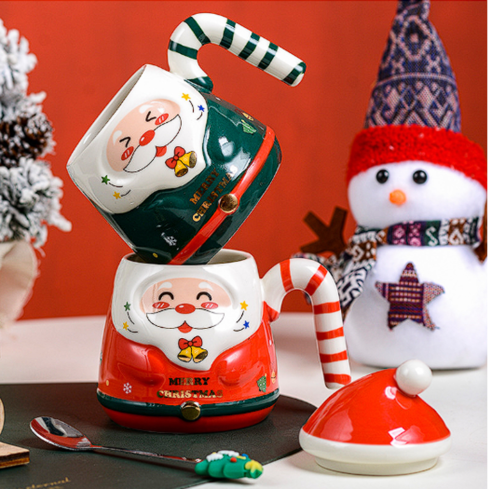 Cốc sứ ông già noel kèm thìa inox hình cây thông xinh xắn, hộp quà tặng giáng sinh đáng yêu