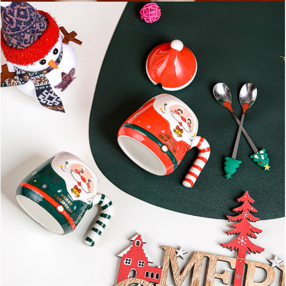 Cốc sứ ông già noel kèm thìa inox hình cây thông xinh xắn, hộp quà tặng giáng sinh đáng yêu