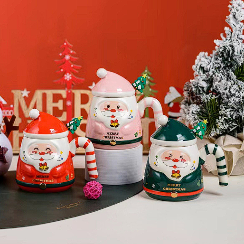 Cốc sứ ông già noel kèm thìa inox hình cây thông xinh xắn, hộp quà tặng giáng sinh đáng yêu