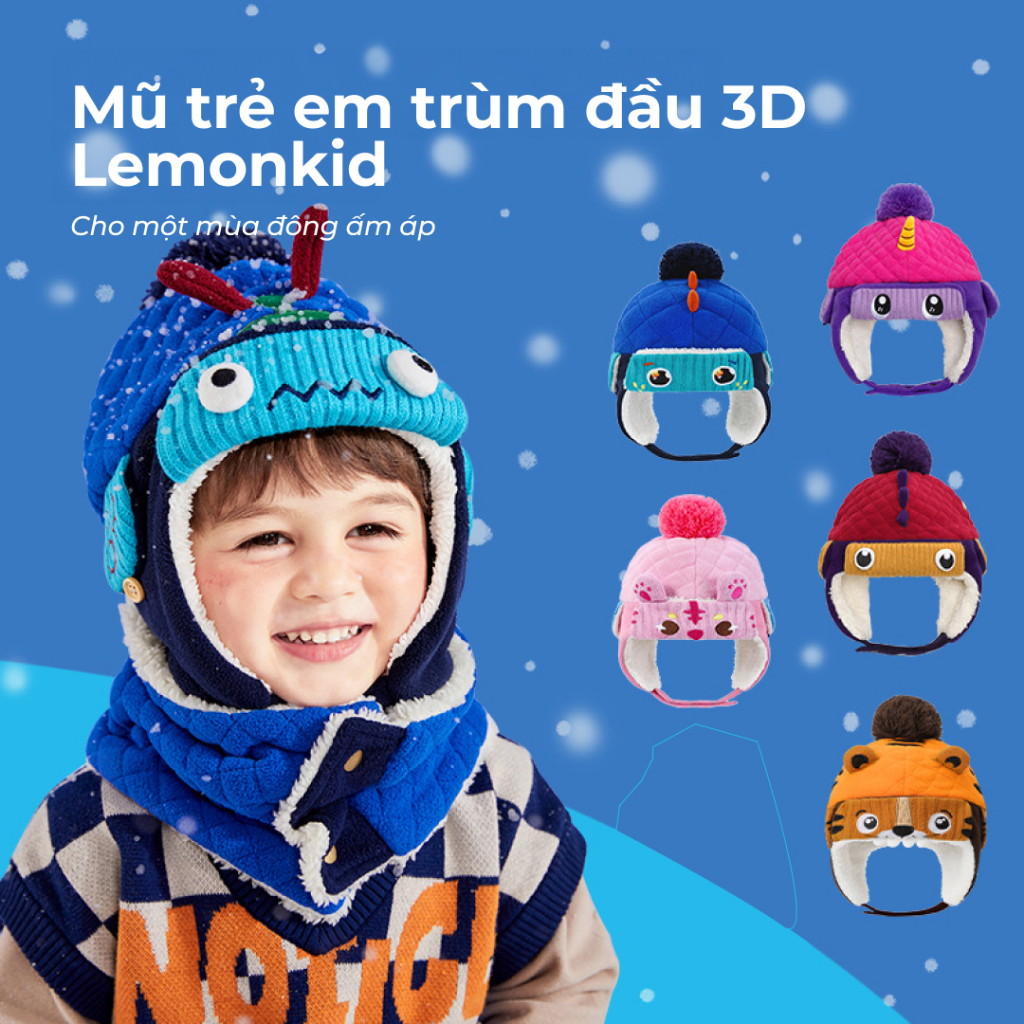 Mũ mùa đông cho bé Lemonkid phong cách 3D hoạt hình, có khăn giữ ấm