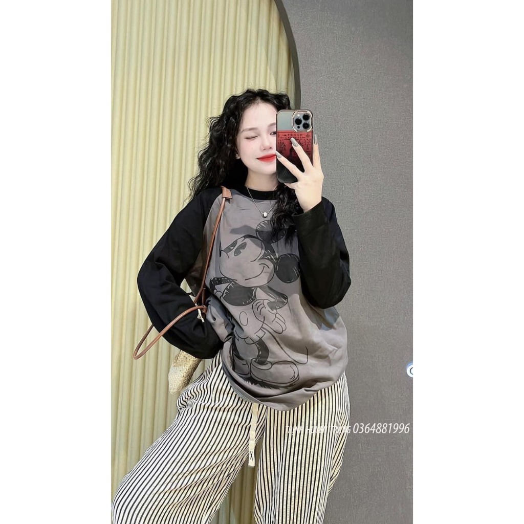 Set Bộ Đồ Nữ Áo Thun Dáng Dài  In Hình Micky Đứng Mix Quần Xuông Kẻ Caro Dáng Dài Freesize