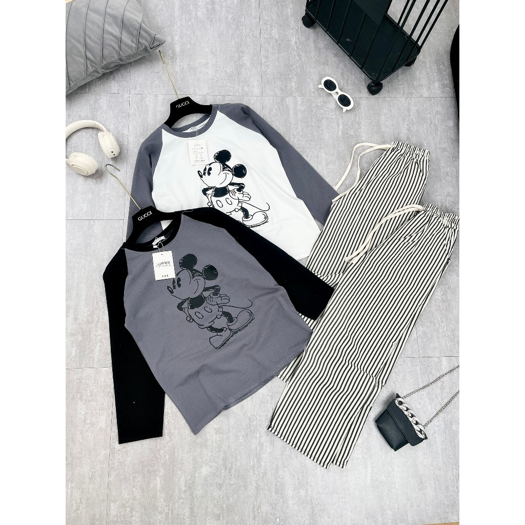 Set Bộ Đồ Nữ Áo Thun Dáng Dài  In Hình Micky Đứng Mix Quần Xuông Kẻ Caro Dáng Dài Freesize