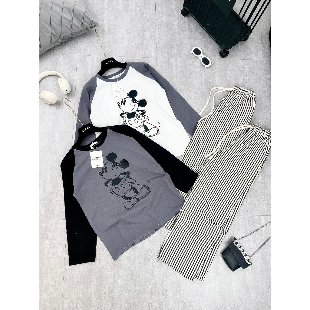Set Bộ Đồ Nữ Áo Thun Dáng Dài  In Hình Micky Đứng Mix Quần Xuông Kẻ Caro Dáng Dài Freesize