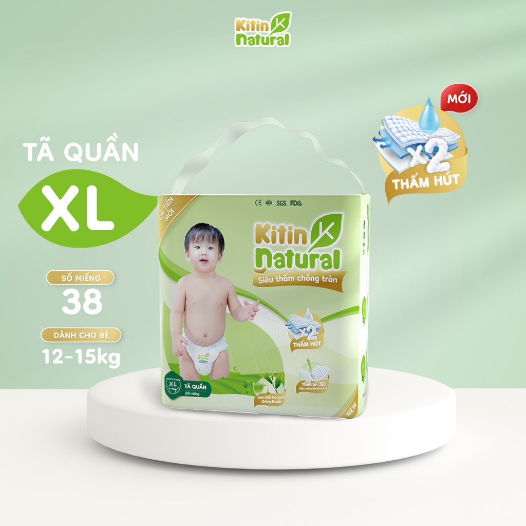 Tả Quần Kitin Natural  Size XL Gói 38 Miếng, Dành Cho Bé Từ 12-15 Kg, Tinh Chất Trà Xanh Lành Tính Chống Hăm.