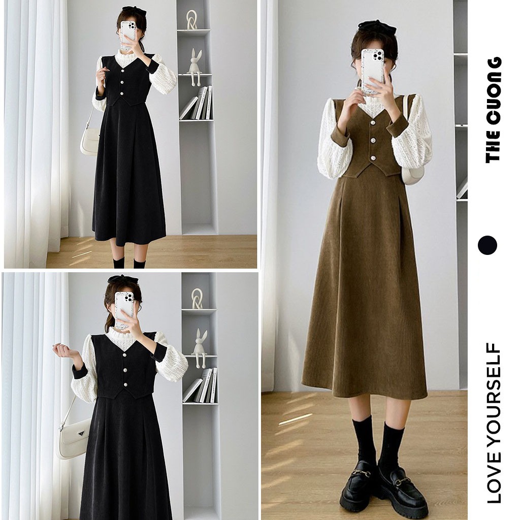 SÉT ĐẦM VÁY LIỀN BẦU THỜI TRANG C8620 THU ĐÔNG DÁNG SUÔNG DÀI FORM RỘNG CHẤT LIỆU TỔ ONG PHỐI 2 MÀU SANG CHẢNH FREESIZE