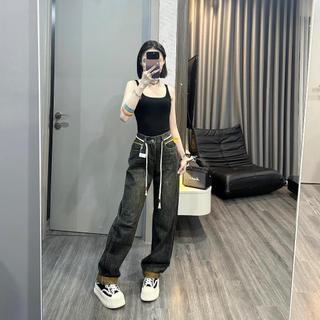Quần jean nữ CANAVI dáng suông thời thượng kết hợp đai eo phong cách hiện đại màu đen bagic 249