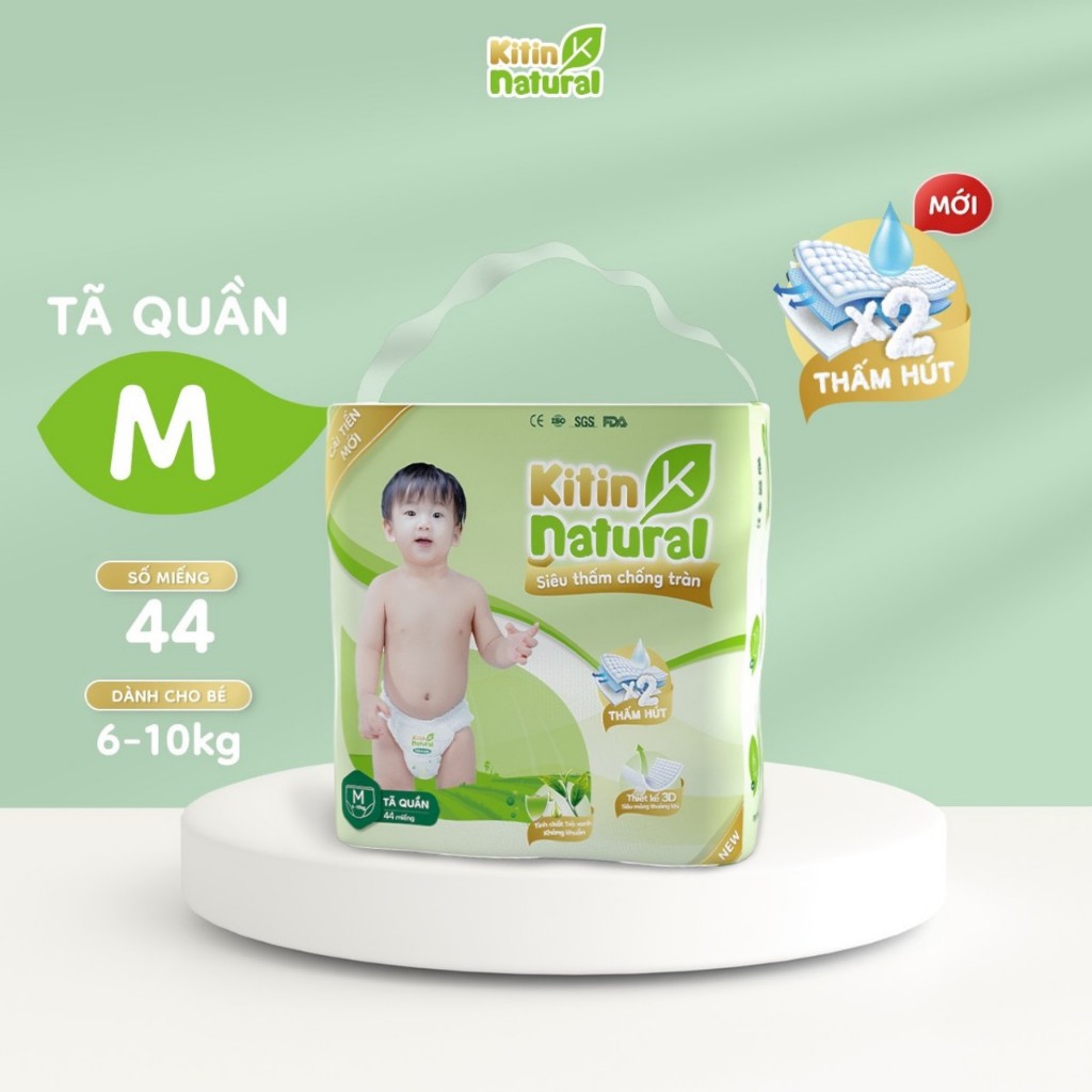 Tả Quần Kitin Natural  Size M Gói 44 Miếng, Dành Cho Bé Từ 6-10 Kg, Tinh Chất Trà Xanh Lành Tính Chống Hăm.