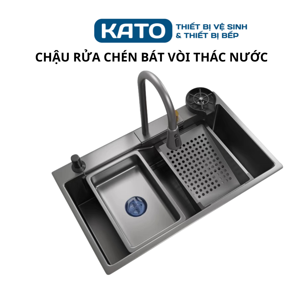 Chậu rửa bát 1 hố Inox 304 có vòi rút thác nước hiện đại cao cấp, bồn rửa chén một ngăn lớn