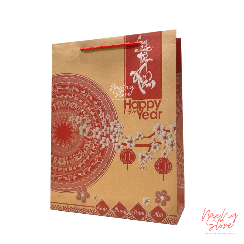 Combo 10 túi đựng quà Tết Kraft, túi xi măng Chúc mừng năm mới Happy new year