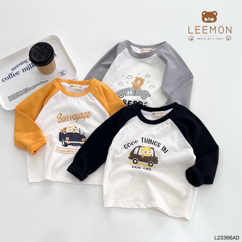 Áo thun (phông) cotton dài tay phối zaclang in hình ô tô Leemon cho bé