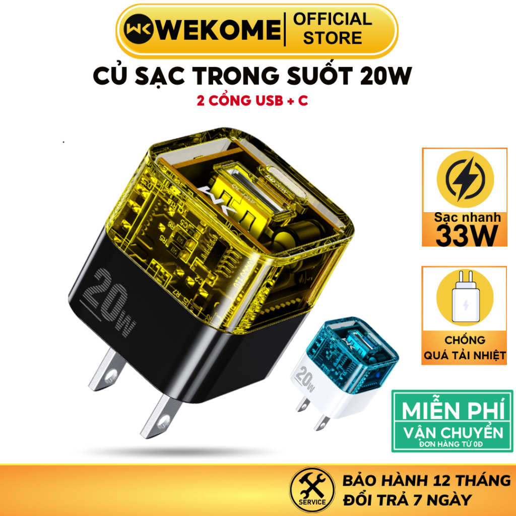 Củ sạc nhanh 20W trong suốt Wekome WP-U149 2 cổng USB+Type-C cốc siêu nhỏ gọn siêu bền cho ip samsung