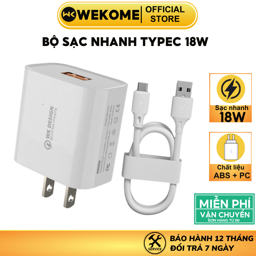 Bộ sạc nhanh type c 18W WEKOME kèm dây sạc chân TypeC dành cho các dòng thiết bị Android samsung xiaomi