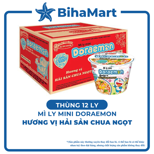 [THÙNG 12 LY] - ACECOOK - Mì ly mini Doraemon hương vị Hải Sản Chua Ngọt (53g/ly) - Mì ly trẻ em - Mì Doremon