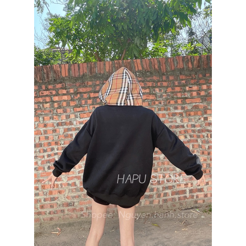Áo Khoác Nỉ Hoodies Kéo Khoá Thêu Chữ Pha Mũ Kẻ Nâu