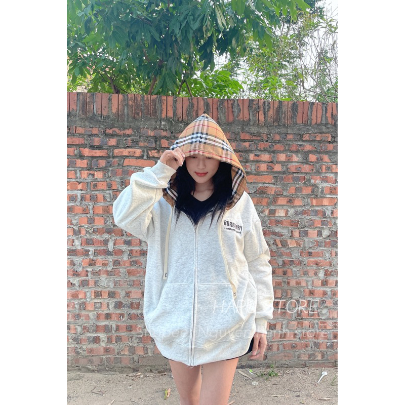 Áo Khoác Nỉ Hoodies Kéo Khoá Thêu Chữ Pha Mũ Kẻ Nâu