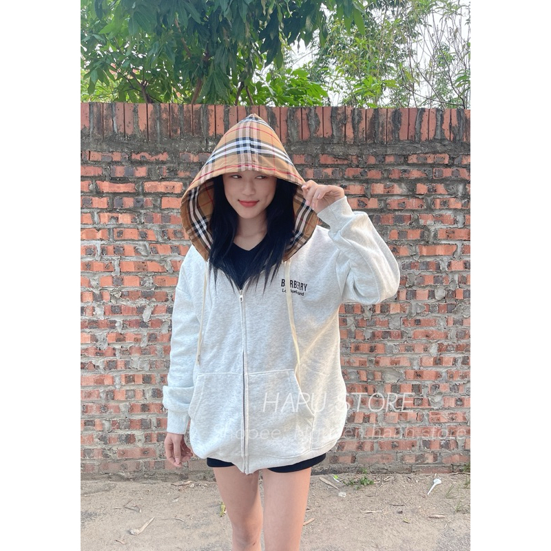 Áo Khoác Nỉ Hoodies Kéo Khoá Thêu Chữ Pha Mũ Kẻ Nâu