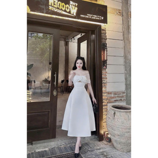 Đầm thời trang nữ dự tiệc sang trọng chất tapta không cổ trễ vai lưới có mút phối hoa dáng váy dài chữ A maxi