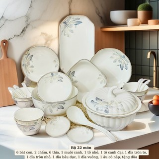 Bộ bát đĩa sứ decor, Chén dĩa dễ thương, Bát ăn cơm, Bộ chén dĩa hoạ tiết hoa mẫu đơn xanh sứ xương cao cấp siêu đẹp