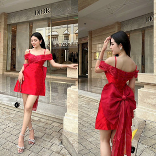 (Loại 1) Đầm váy đỏ tafta nhũ phối tơ có mút bẹt/trễ/rớt vai nơ lưng tà thiết kế tiểu thư dự tiệc sinh nhật party event