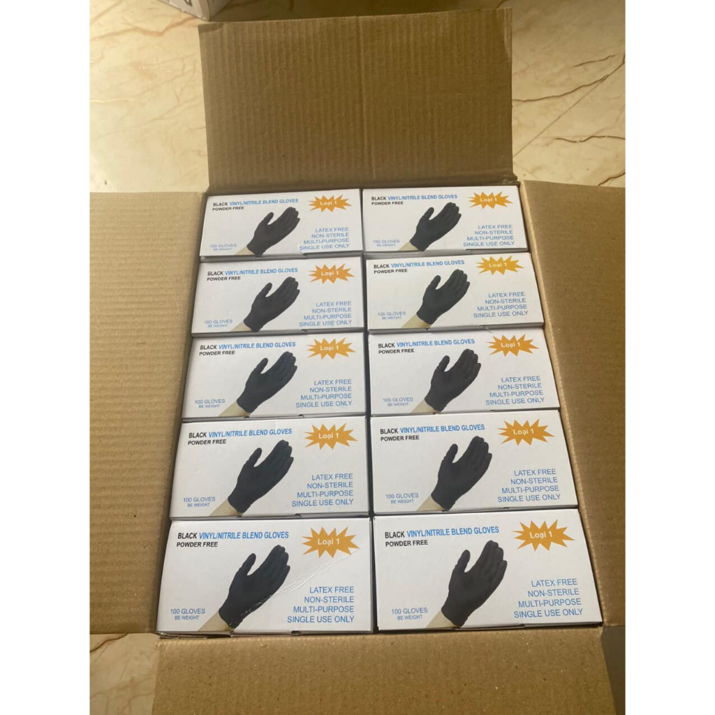 Găng tay cao su vinyl màu ĐEN không bột vinyl/nitrile blend gloves Hộp 100 chiếc dùng phun xăm, thẩm mỹ đạt tiêu ch