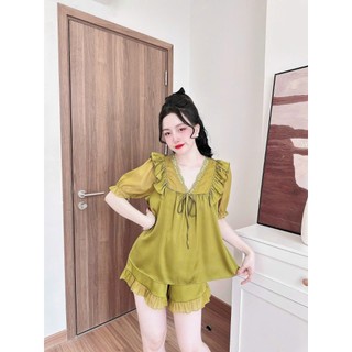 👉👉 ĐỒ BỘ VOAN PHỐI LỤA 👉👉sét đồ bộ voan quần đùi lụa satin siêu xinh sét voan lụa satin mịn mát sexy