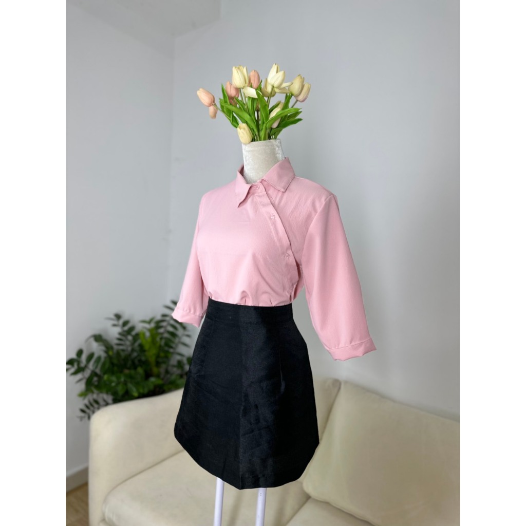 Áo sơ mi đũi xốp trơn cổ chéo phong cách Hàn Quốc SM10
