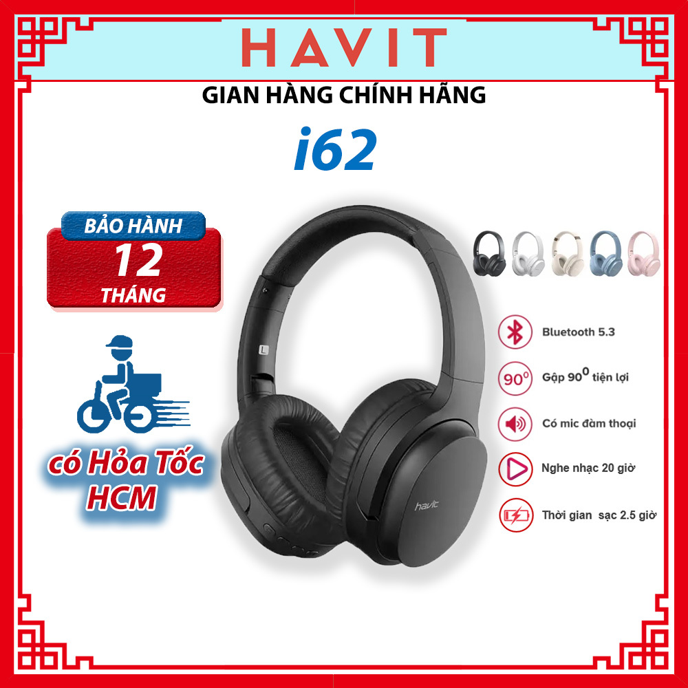 [Hỏa tốc HCM] Tai Nghe Bluetooth Headphone HAVIT i62, Driver 40mm, Gập Gọn 90 độ, hỗ trợ đàm thoại, 