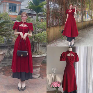 Set áo dài đỏ phối tay voan cổ yếm + chân váy midi