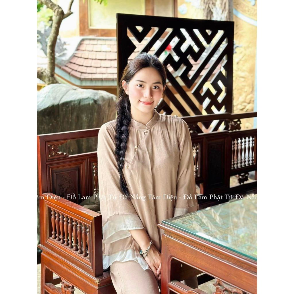 Set Linen Xô 2 Lớp Xéo Đính Nút Ngọc Màu Nâu Cacao Đồ Lam Đi Chùa Phật Tử