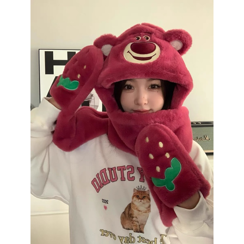 Mũ lông giữ ấm đầu cổ và tay hình gấu dâu