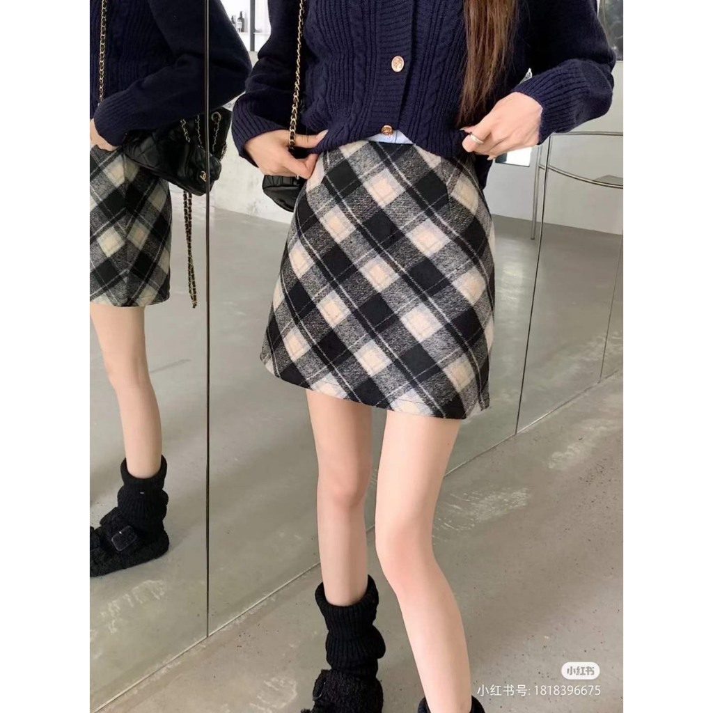 Chân Váy Dạ Ngắn Kẻ Sọc Chéo Xinh Xắn Nữ Sinh Phong Cách Hàn Quốc A Caro Skirt Mùa Thu Đông