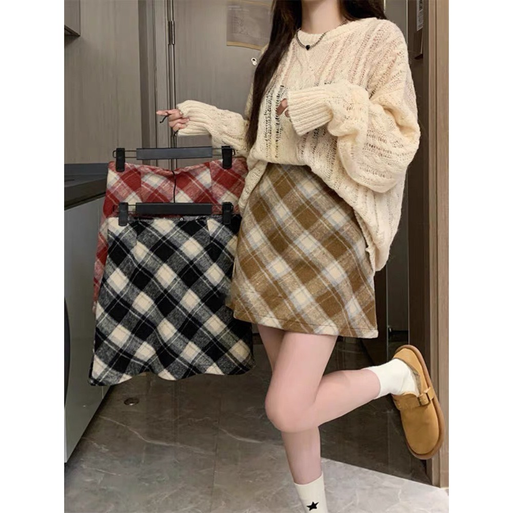 Chân Váy Dạ Ngắn Kẻ Sọc Chéo Xinh Xắn Nữ Sinh Phong Cách Hàn Quốc A Caro Skirt Mùa Thu Đông