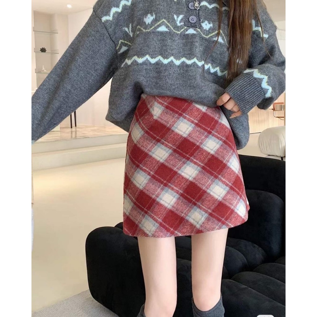 Chân Váy Dạ Ngắn Kẻ Sọc Chéo Xinh Xắn Nữ Sinh Phong Cách Hàn Quốc A Caro Skirt Mùa Thu Đông