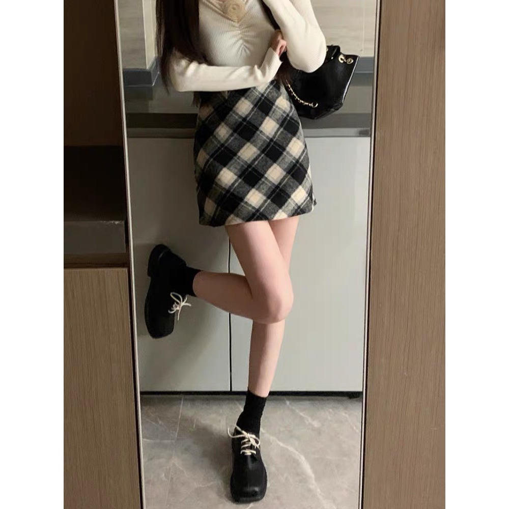 Chân Váy Dạ Ngắn Kẻ Sọc Chéo Xinh Xắn Nữ Sinh Phong Cách Hàn Quốc A Caro Skirt Mùa Thu Đông