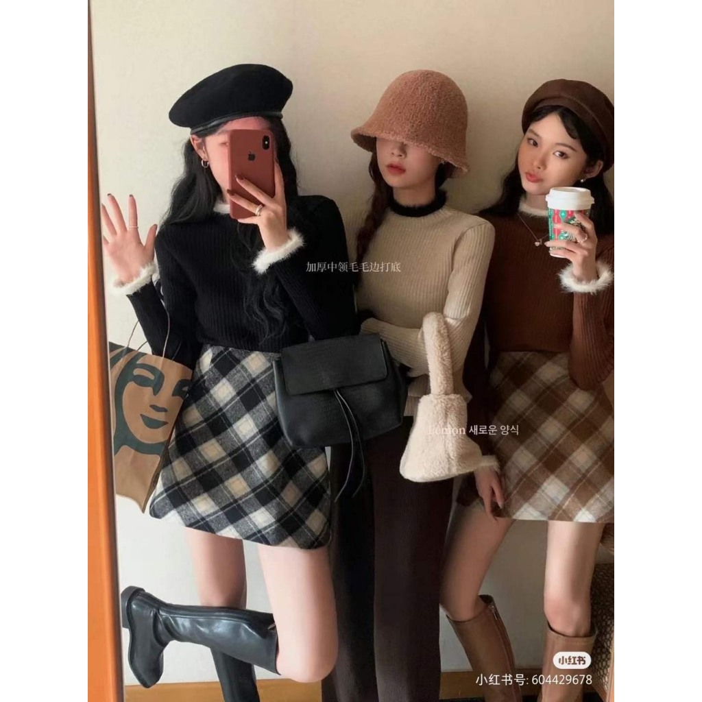 Chân Váy Dạ Ngắn Kẻ Sọc Chéo Xinh Xắn Nữ Sinh Phong Cách Hàn Quốc A Caro Skirt Mùa Thu Đông