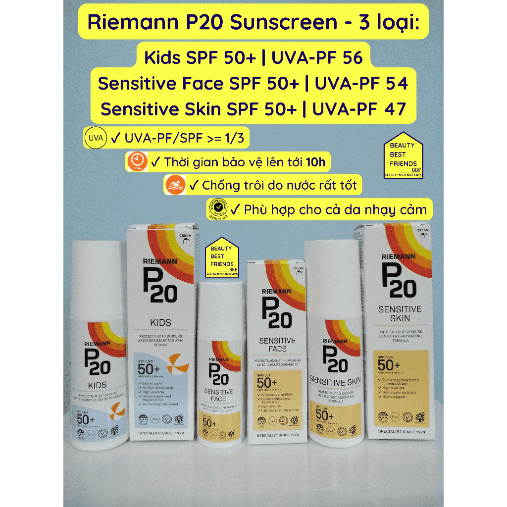 Sunscreen UVA-PF khủng Riemann P20 Kids SPF50+ | Sensitive Face SPF50+ | Sensitive Skin SPF50+ kem chống nắng bao bì mới