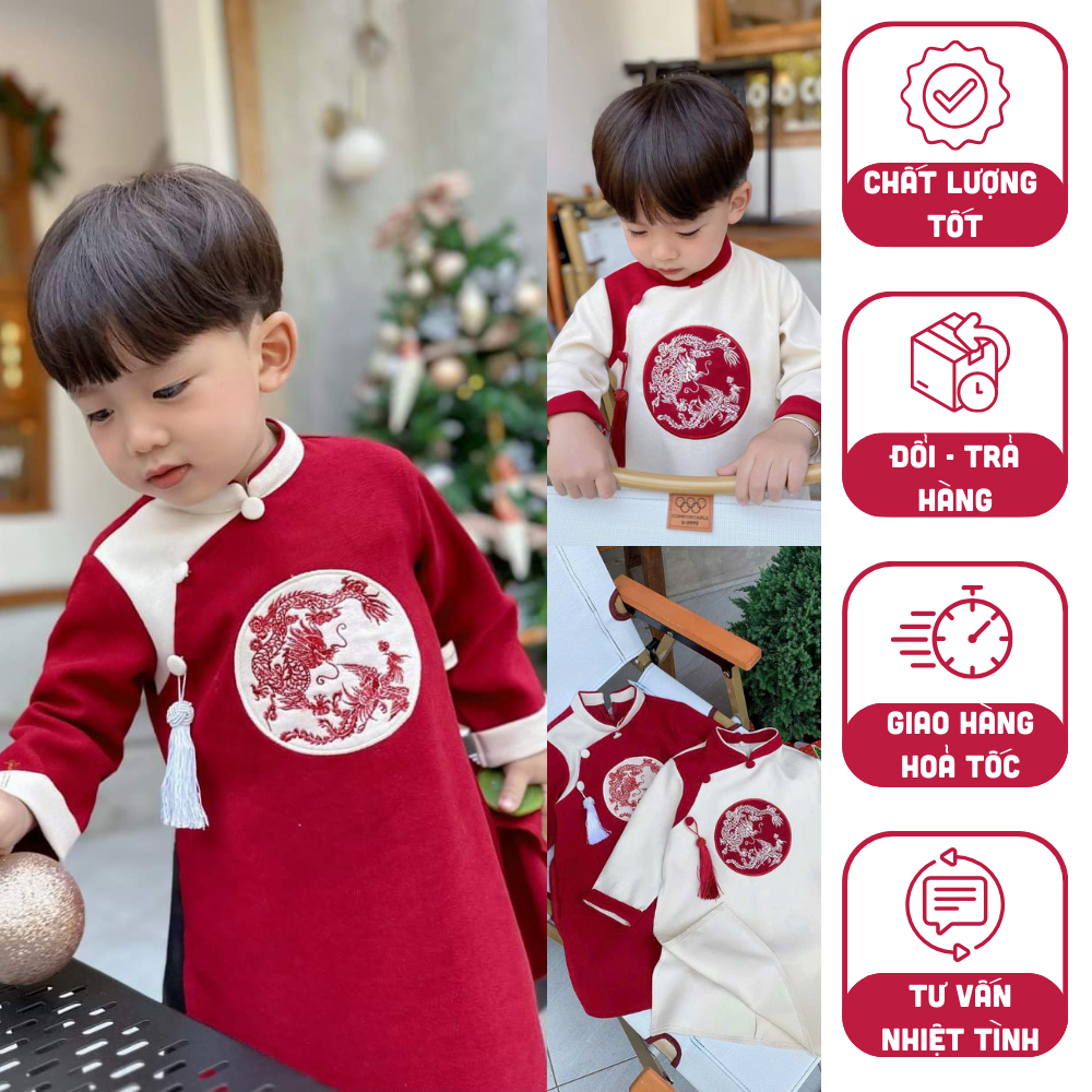 Áo dài cách tân bé trai thiết kế cổ tàu đính cúc họa tiết thêu sắc nét chất liệu lụa chéo mềm mại - Tiệm của nàng - M10