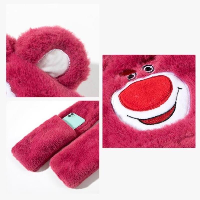 Mũ lông trùm đầu kèm khăn quàng cổ hình gấu dâu cho bé Nón len hình gấu Toy Story đáng yêu lông mịn ấm áp