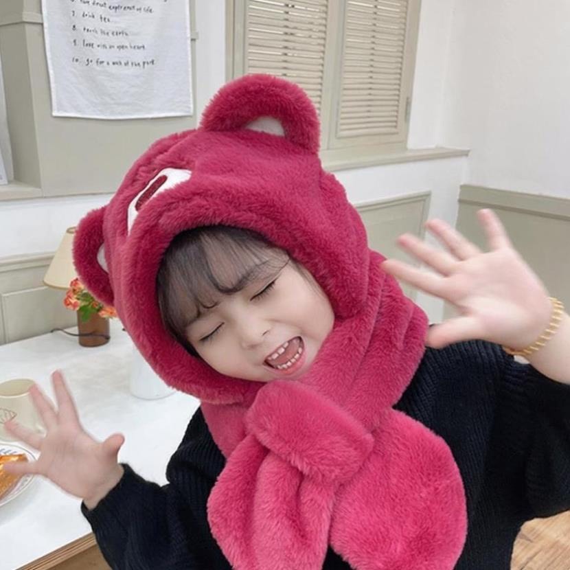 Mũ lông trùm đầu kèm khăn quàng cổ hình gấu dâu cho bé Nón len hình gấu Toy Story đáng yêu lông mịn ấm áp