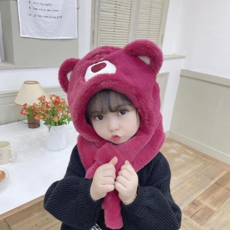 Mũ lông trùm đầu kèm khăn quàng cổ hình gấu dâu cho bé Nón len hình gấu Toy Story đáng yêu lông mịn ấm áp