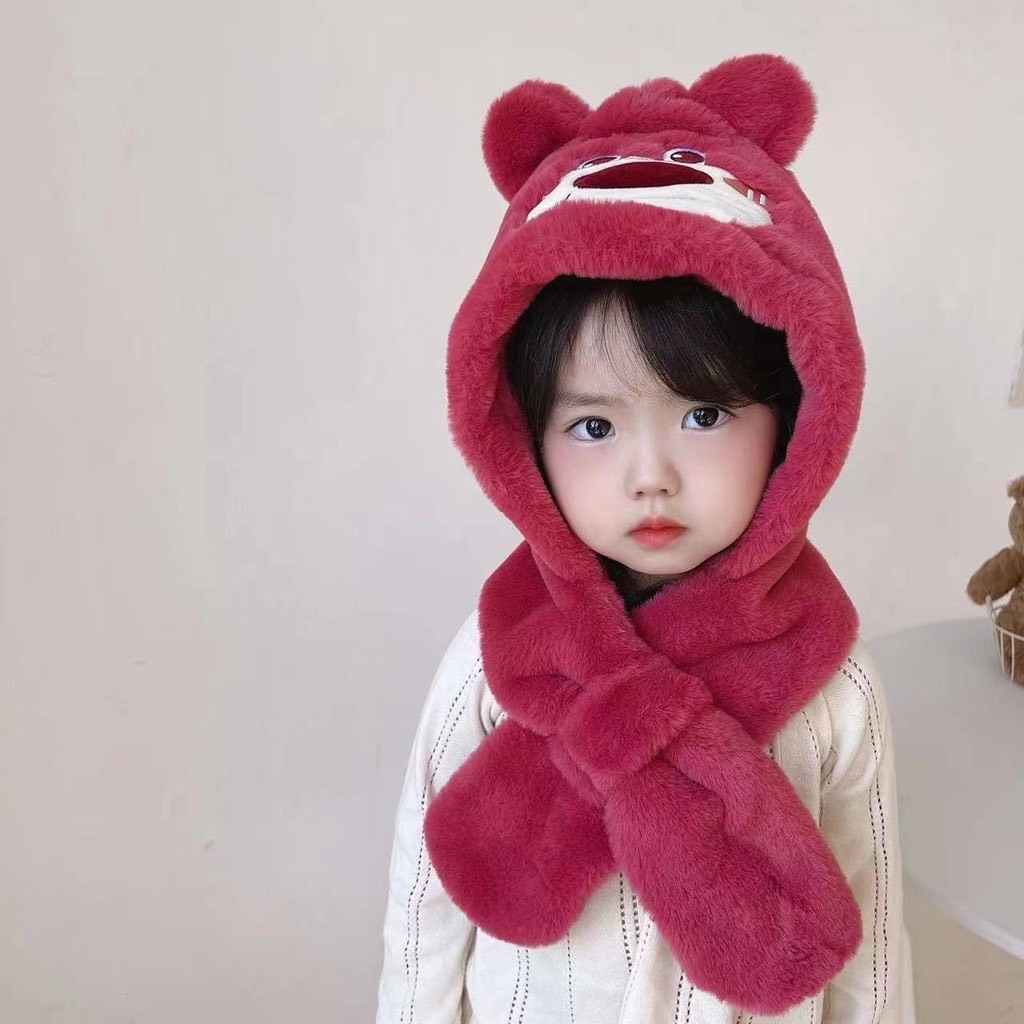 Mũ lông trùm đầu kèm khăn quàng cổ hình gấu dâu cho bé Nón len hình gấu Toy Story đáng yêu lông mịn ấm áp