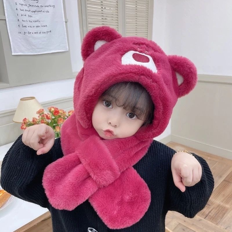 Mũ lông trùm đầu kèm khăn quàng cổ hình gấu dâu cho bé Nón len hình gấu Toy Story đáng yêu lông mịn ấm áp