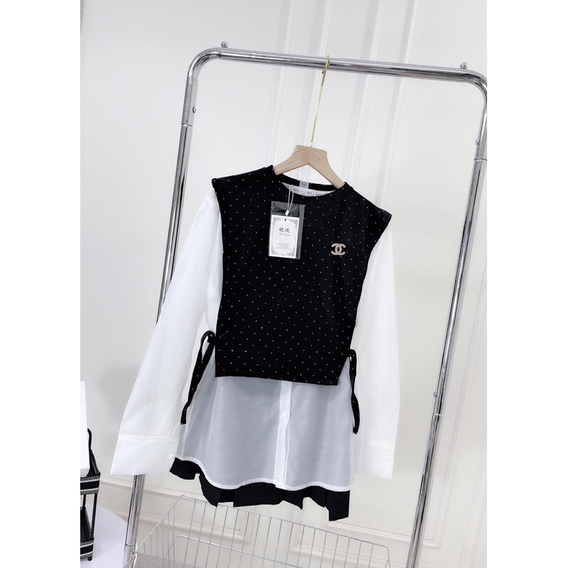 Sét 3 món sơ mi gile nhung đá kèm tag X về siêu xinh Chất cực đẹp