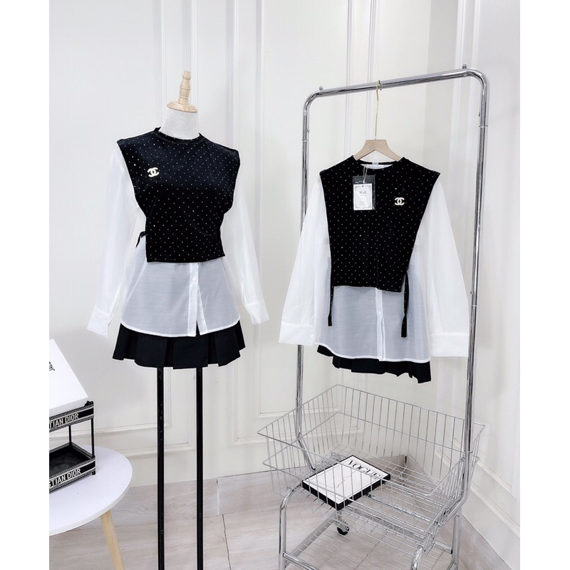 Sét 3 món sơ mi gile nhung đá kèm tag X về siêu xinh Chất cực đẹp