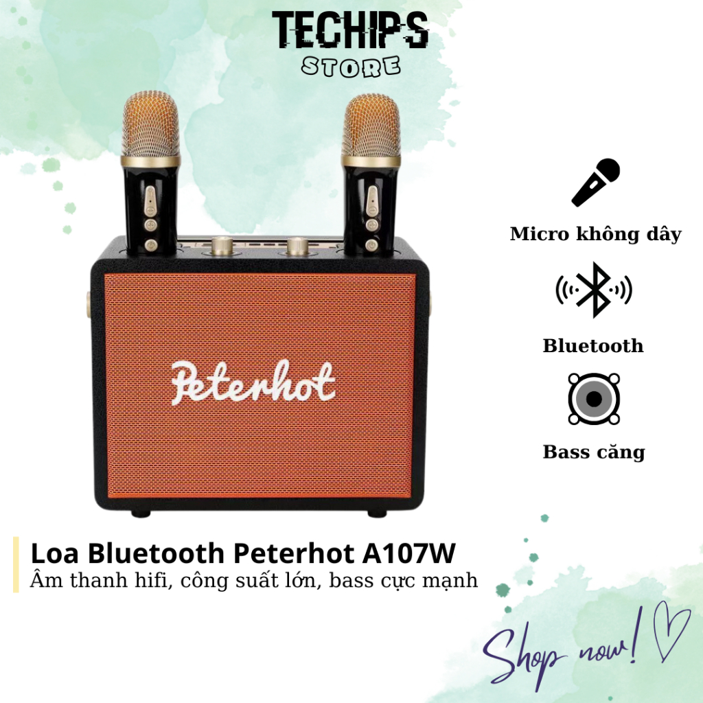 Loa Karaoke Bluetooth Peterhot A107W phiên bản mới độc đáo 2023 không dây âm thanh đỉnh tặng kèm 2 mic TECHHIGH