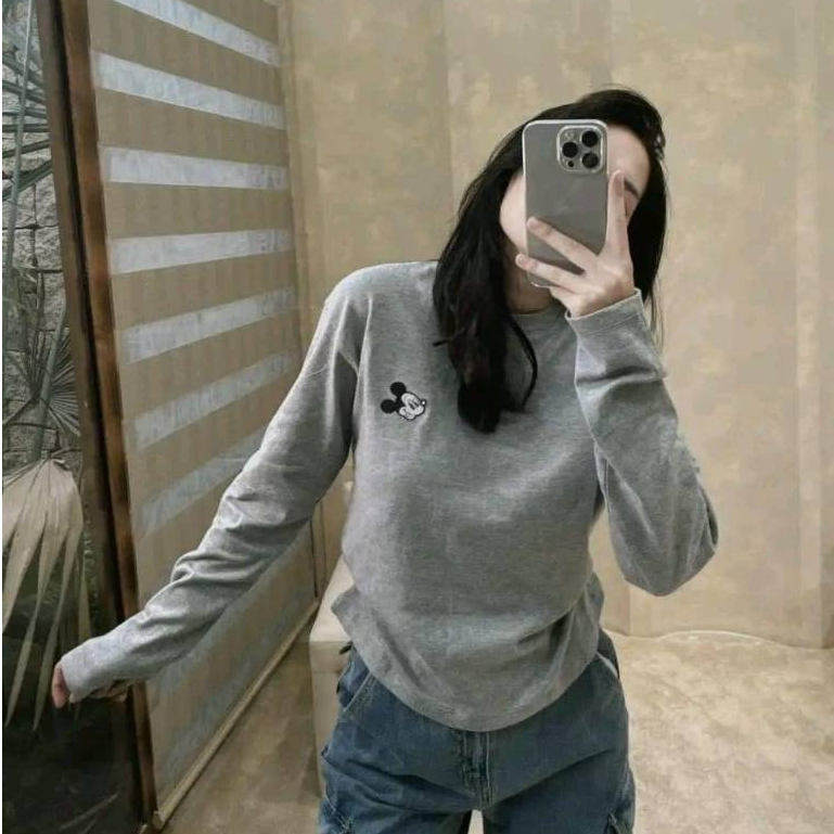 Áo Thun Dài Tay Nữ MICKEY Thu Đông- Áo Phông Dáng Rộng Chất Zip Dày Đanh Co Giãn Hình Thêu