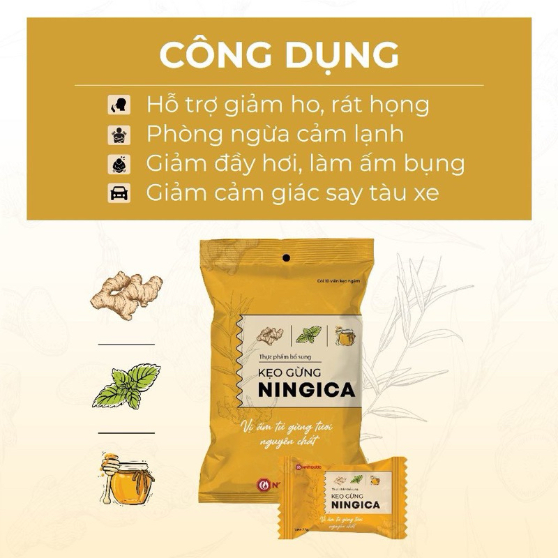Kẹo Gừng Nam Dược NINGICA Giúp Ấm Bụng, Giảm Chướng Bụng, Say Tàu Xe