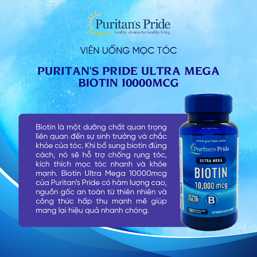 Viên uống mọc tóc, giảm rụng tóc Puritan's Pride Ultra Mega Biotin 10000 mcg -100 viên