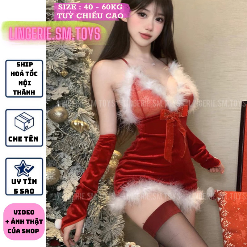 MY1807 Đầm Ngủ Sang Chảnh Viền Lông Điểm Nhũ Sáng Gợi Cảm Cho Mùa Giáng Sinh - Cổ V Khoét Sâu Sexy